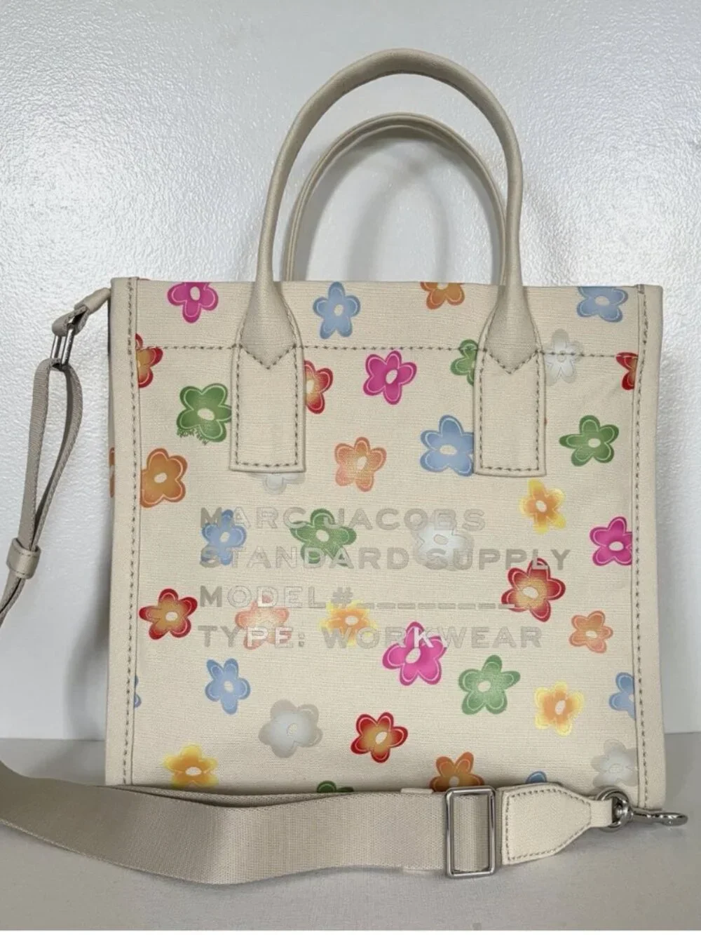 New Marc Jacobs Cotton Canvas Graphic Sticker-Print Medium Tote White Multi